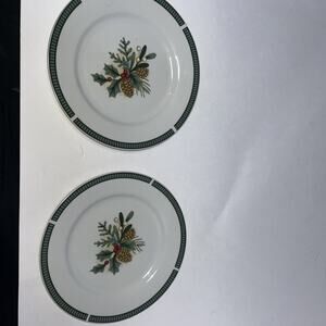 Fairfield Fine China Wintergreen 8" Salad Plate Holly Berries & Pine Cones Set 2